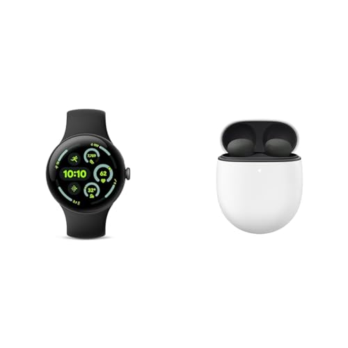 Large image for amazon product "Google Bundle - Pixel Watch 3 (Matte Black - Obsidian Band - 45mm WiFi) & Pixel Buds Pro 2 Earbuds (Hazel)"