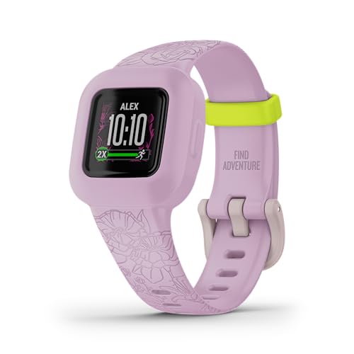 Large image for amazon product "Garmin vivofit jr. 3, Fitness Tracker for Kids, Includes Interactive App Experience, Swim-Friendly, Up to 1-Year Battery Life, Lilac Floral"