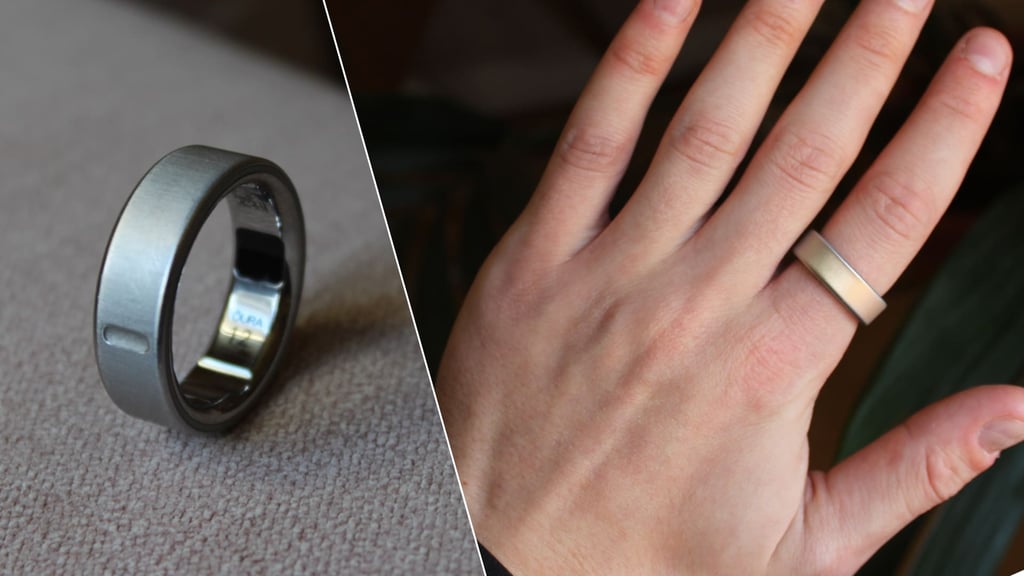 split view of oura ring 4 close-up off the finger and on index finger