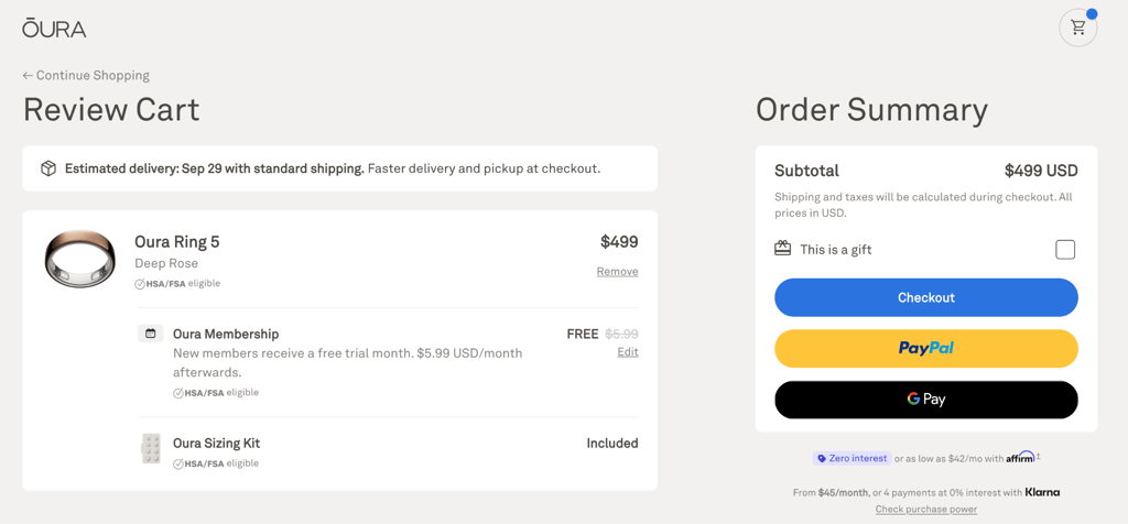 oura ring review cart