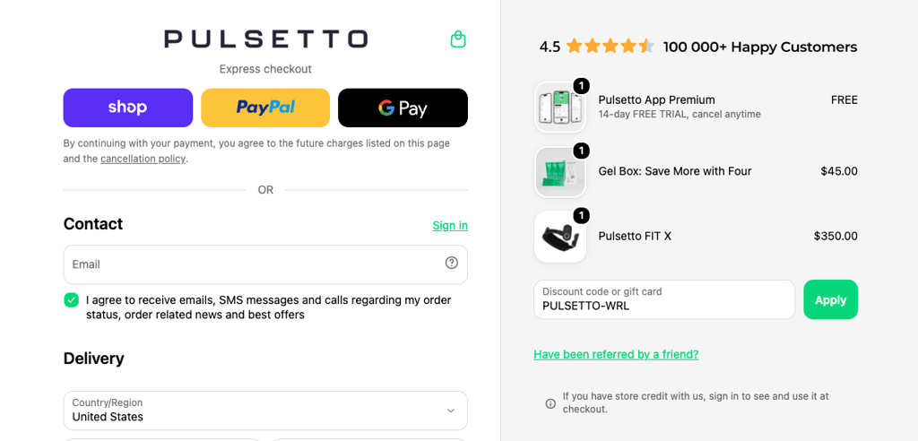 pulsetto entering discount code