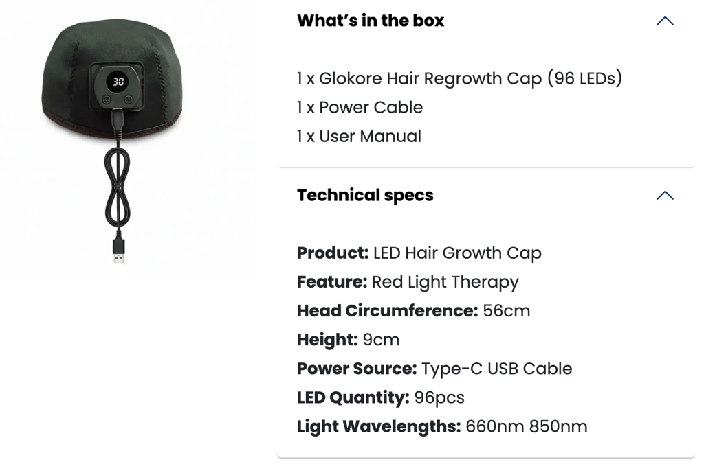 Glokore hair regrowth cap specs screenshot